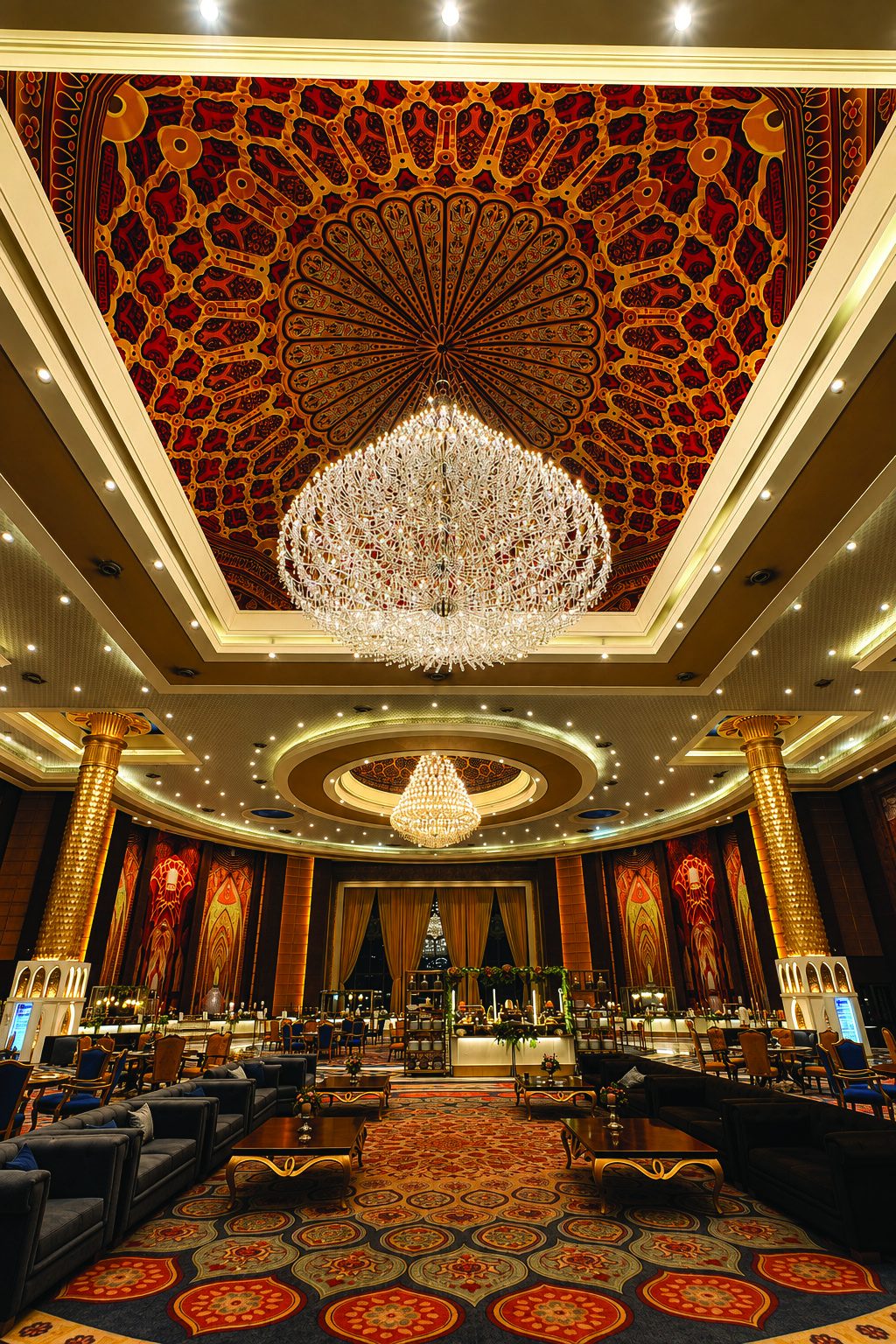 Crystal chandelier above the ornate Palace interior